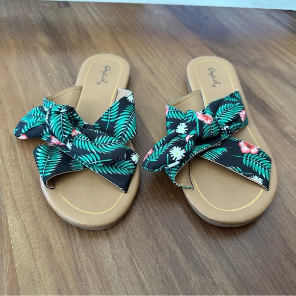 Tropical Floral Print Bow Slide Sandals - Picture 6 of 15